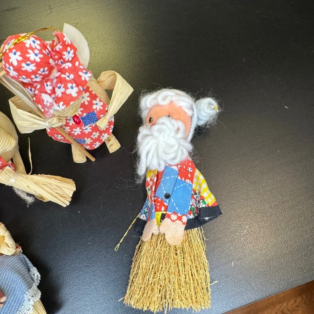 Vintage Corn Husk Christmas Ornaments Set 4 Red Blue Rustic Folk Art Mice Santa